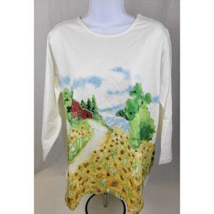 APPLESEED'S Women's Long Sleeve barn sunflowers Shirt 100% Cotton white Size 2x